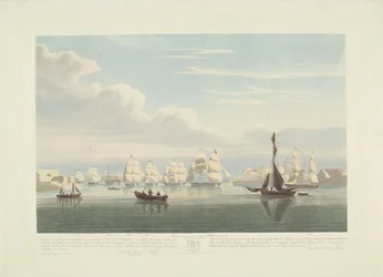 Avgang av tolv nederlandske handelsskip fra Portsmouth Harbour, 1833 (Plate 1) Dette settet med tre plater som viser avgangen fra Portsmouth havn den 2. juni 1833 av 12 Nederlandsche Koopvaardy-skip fra Embargo losset