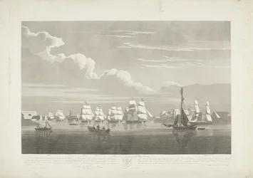 Avgang av tolv nederlandske handelsskip fra Portsmouth Harbour, 1833 (Plate 1) Dette settet med tre plater som viser avgangen fra Portsmouth havn den 2. juni 1833 av 12 Nederlandsche Koopvaardy-skip fra Embargo losset