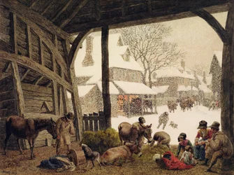 A Village Snow Scene, 1819 (wc, kroppsfarge, skraping ut over grafitt)