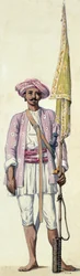 Indisk soldat (rakettmann) fra Tipu Sultans hær, bruker raketten hans som flaggstang, Madras