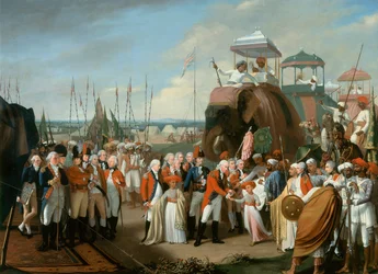 Mottakelsen av de mysoreiske gisselprinsene av generalløytnant Lord Cornwallis (1738-1805) ca. 1793