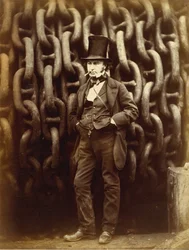 Isambard Kingdom Brunel står foran lanseringskjedene til Great Eastern ... trykt 1863-64.