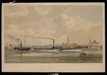 Dette trykket av dampskipene av jerntypene «Meteor» og «Prince of Wales» ... som forlater Brunswick Wharf, Blackwall ... dedikert til direktørene i Blackwall Railway Company