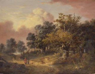 Skoglandskap med kvinne og barn som går nedover en vei