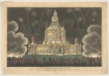 En utsikt over Temple of Concord reist i Green Park, for å feire G..., 9. september 1814.