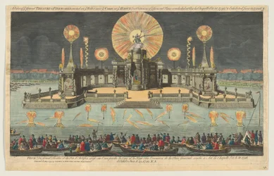 A View of ye Grand Theatre & Fireworks reist på ye Water near ye Court at ye Hague den O..., 1794.