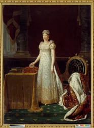 Portrett av keiserinne Marie Louise av Østerrike (Marie-Louise) (1791-1847), Napoleon Is hustru, fremstilt som regent for keiserriket og iført et Chaumet-diamantsett gitt av Napoleon i 1812 - Bak henne står en lenestol i empirestil dekorert med Napoleons