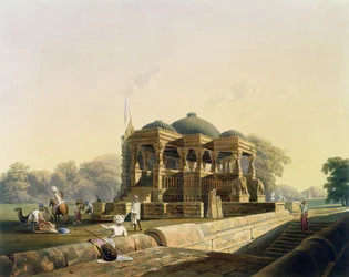 Ancient Temple at Hulwud, fra bind I av 'Scenery, Costumes and Architecture of India', malt av F. Witherington, gravert av G. Hunt og fargelagt av JB Hogarth, pub. av Ackermann, 1826 (akvatin
