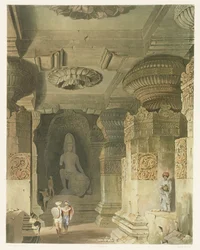 Interiør av Indra Subbas huletempel i Ellora, fra bind II av Scenery, Costumes and Architecture of India, tegnet av David Roberts (1796-1864) etset av Thomas Kearnan (fl.1821-50) og gravert