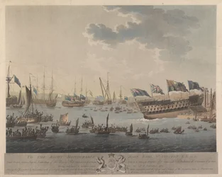 Til... Jarl St Vincent KB osv. Denne platen representerer sjøsettingen av Hans Majestets skip Hibernia med 120 kanoner, Circe- og Pallas-fregattene med 32 kanoner hver og utdokkingen av St. George med 98 kanoner etter å ha gjennomgått en fullstendig repara