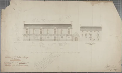 Arkitektonisk tegning av Universitetsbiblioteket, 1827 (blyant og wc på papir)