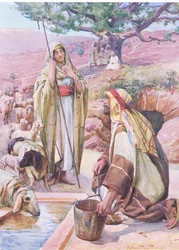 Rachel ved brønnen, fra The Bible Picture Book utgitt av Thomas Nelson, ca. 1950