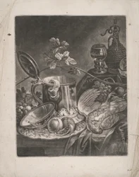 Stilleben med tankard og dessertrett
