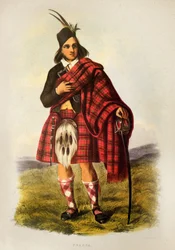En Fraser-kriger fra den skotske klanen i kilt - Robert Ronald McIANs litografi fra «Klanene i det skotske høylandet» 1845