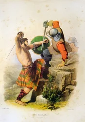 Den skotske krigeren Mac Millan kjemper i kilt og barbeint med sverdet - Robert Ronald McIans litografi fra «The Clans of The Scottish Highlands» 1845