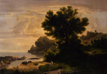 Landskap med familie ved innsjø