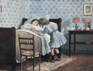 En liten jente ved sengen til sin syke mor venter på krigen. Illustrasjon av Robert Salles (1871-1929) i "" Je sais Lire"".