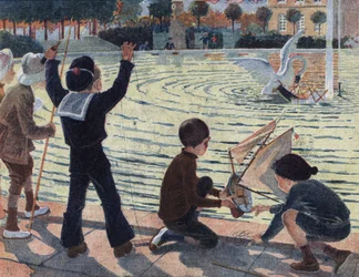 A swan attacks the boat of a child who played in the pool of a park with his comrades. Illustration by Robert Salles (1871-1929) in “” Je sais Lire””.