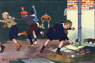 Kule mot veggen. Gravering i "" Hva spiller vi? “” av E. Weber med akvarelltegninger av Robert Salles (1871-1929). Librairie Garnier Freres, Paris