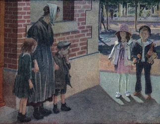 Veldedighet: en mor og hennes to barn ber om alumone fra en ung gutt og en ung jente på gaten som vil gi dem sparepengene og lekene deres. Illustrasjon av Robert Salles (1871-1929) i "" Je sais Lire"".