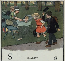 Barnebok "" Jeg skal lese - Metodisk og morsomt alfabet av en pappa""" 1926. Illustrasjon av Robert Salles (1871-1929). Abecedary: bokstav S som Salut. En gutt hilser på et par og babyen deres ved å løfte hetten.