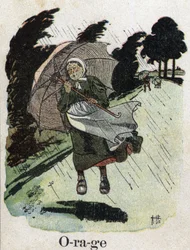 Barnebok "" Jeg skal lese - Metodisk og morsomt alfabet av en pappa""" 1926. Illustrasjon av Robert Salles (1871-1929). "" Storm"": en kvinne i regnskjul med paraplyen sin.