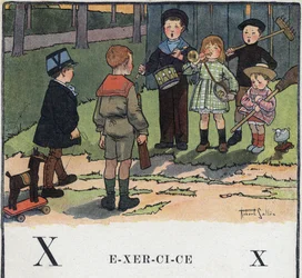 Barnebok «Jeg skal lese - Metodisk og morsomt alfabet av en far», 1926. Illustrasjon av Robert Salles (1871-1929). ABC-bok: bokstaven X som øvelse. Barn leker soldater.