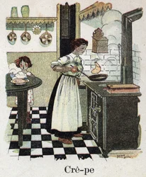 Barnebok "" Jeg skal lese - Metodisk og morsomt alfabet av en pappa""" 1926. Illustrasjon av Robert Salles (1871-1929). Mor blåser pannekakene i pannen.