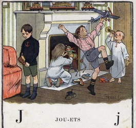 Barnebok "" Jeg skal lese - Metodisk og morsomt alfabet av en pappa""" 1926. Illustrasjon av Robert Salles (1871-1929). Abecedaire: bokstav J som leker. Barn har fått leker i skoene og har det gøy med dem. Et av barna fikk ikke gave i hei