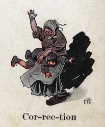 Barnebok "" Jeg skal lese - Metodisk og morsomt alfabet av en pappa""" 1926. Illustrasjon av Robert Salles (1871-1929). "Korreksjon"". Straff: en mor sprer barnet sitt for å straffe ham