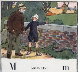 Barnebok "" Jeg skal lese - Metodisk og morsomt alfabet av en pappa""" 1926. Illustrasjon av Robert Salles (1871-1929). Abecedaire: bokstav M som Moulin. En gutt går med bestefaren sin. Han peker på en vindmølle.