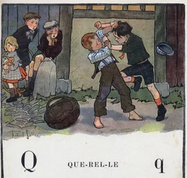 Barnebok "" Jeg skal lese - Metodisk og morsomt alfabet av en pappa""" 1926. Illustrasjon av Robert Salles (1871-1929). Abecedaire: bokstav Q som Querelle. To gutter slåss i gården.