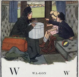 Barnebok "" Jeg skal lese - Metodisk og morsomt alfabet av en pappa""" 1926. Illustrasjon av Robert Salles (1871-1929). Abecedaire: bokstav W som vogn. To barn med mor reiser i en togkupé.