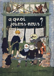 Cover av "" Hva spiller vi? “” av E. Weber med akvarelltegninger av Robert Salles (1871-1929). Gravering. Librairie Garnier Freres, Paris