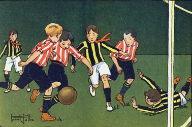 Fotball. Gravering i "" Hva spiller vi? “” av E. Weber med akvarelltegninger av Robert Salles (1871-1929). Librairie Garnier Freres, Paris