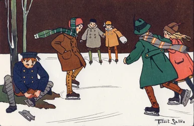 Skøyter. Gravering i "" Hva spiller vi? “” av E. Weber med akvarelltegninger av Robert Salles (1871-1929). Librairie Garnier Freres, Paris