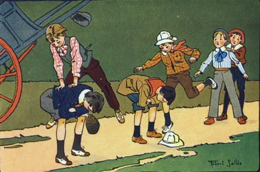 Hopp sauer. Gravering i "" Hva spiller vi? “” av E. Weber med akvarelltegninger av Robert Salles (1871-1929). Librairie Garnier Freres, Paris