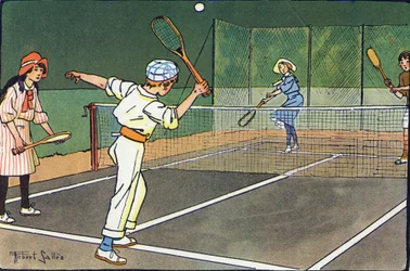Plentennis. Gravering i "" Hva spiller vi? “” av E. Weber med akvarelltegninger av Robert Salles (1871-1929). Librairie Garnier Freres, Paris