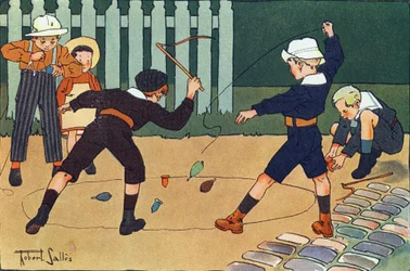 Hoven (toppspill å piske). Gravering i "" Hva spiller vi? “” av E. Weber med akvarelltegninger av Robert Salles (1871-1929). Librairie Garnier Freres, Paris