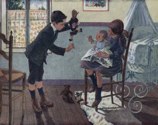 Utdannelsen til lillebroren: på et rom ser en baby som sitter på storesøsters fang på dukken broren våkner. Illustrasjon av Robert Salles (1871-1929) i "" Je sais Lire"".