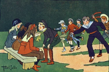 Gymkhana (kurs på prøvekrets med dommere). Gravering i "" Hva spiller vi? “” av E. Weber med akvarelltegninger av Robert Salles (1871-1929). Librairie Garnier Freres, Paris