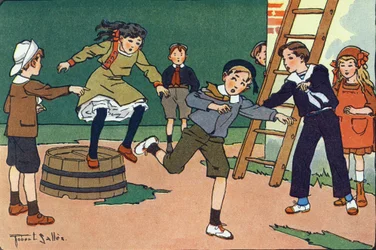 Moren med syltetøy. Gravering i "" Hva spiller vi? “” av E. Weber med akvarelltegninger av Robert Salles (1871-1929). Librairie Garnier Freres, Paris
