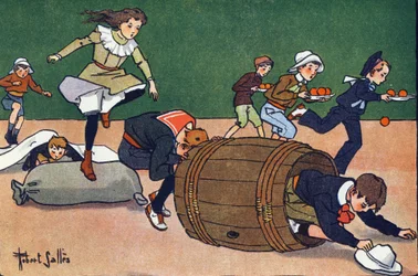 Hinderløpet. Gravering i "" Hva spiller vi? “” av E. Weber med akvarelltegninger av Robert Salles (1871-1929). Librairie Garnier Freres, Paris