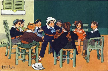 Til ilderen. Gravering i "" Hva spiller vi? “” av E. Weber med akvarelltegninger av Robert Salles (1871-1929). Librairie Garnier Freres, Paris