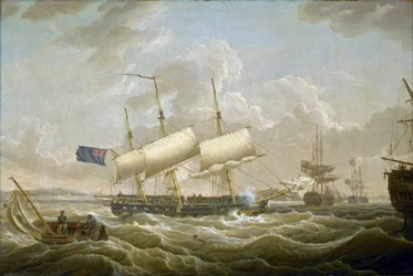 En fregatt forankret i Mersey (elven nordvest i England). Fort Perch Rock er synlig i horisonten. Olje på lerret