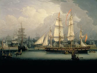 Fire-mastet klippeskip i Liverpool havn, ca. 1810