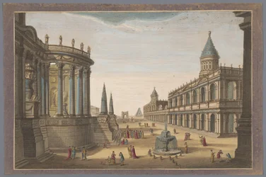 Utsikt over Vesta-tempelet, Cestius-pyramiden og andre bygninger i Roma Roma i sin originale prakt (tittel på objekt)