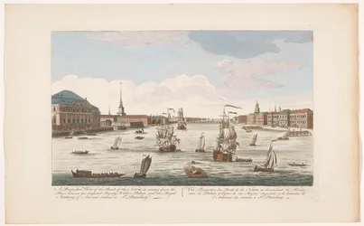 Utsikt over elven Neva i St. Petersburg, sett nedstrøms Et perspektivbilde av bredden av Neva, når du kommer nedover elven (...) (tittel på objekt)