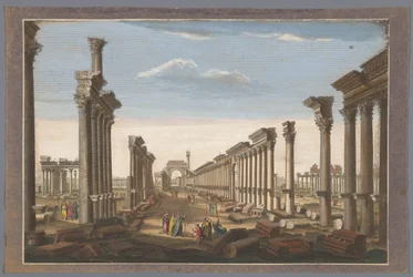 Utsikt over ruinene av søylegangbuen ved Palmyra, sett fra vestsiden Restene av det store tempelet i Palmira sett fra vest (tittel på objekt)