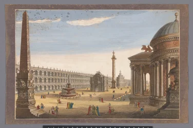 Utsikt over en obelisk, en triumfbue, en søyle og andre bygninger i Roma Roma i sin originale prakt (tittel på objekt)
